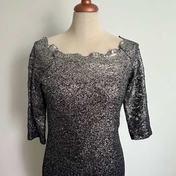Marina - Dark Blue & Silver Floral Lace Midi Dress - Picture 2 of 13